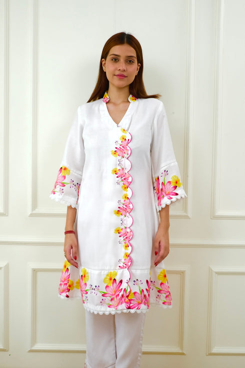 Mahira White Floral Pakistani Kurta Set